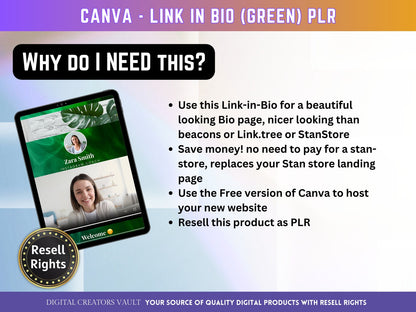 Canva Link in Bio landing page template (Green) with PLR Resell rights | Instagram bio  | Tiktok bio | Canva page template PLR - MRR Products Vault