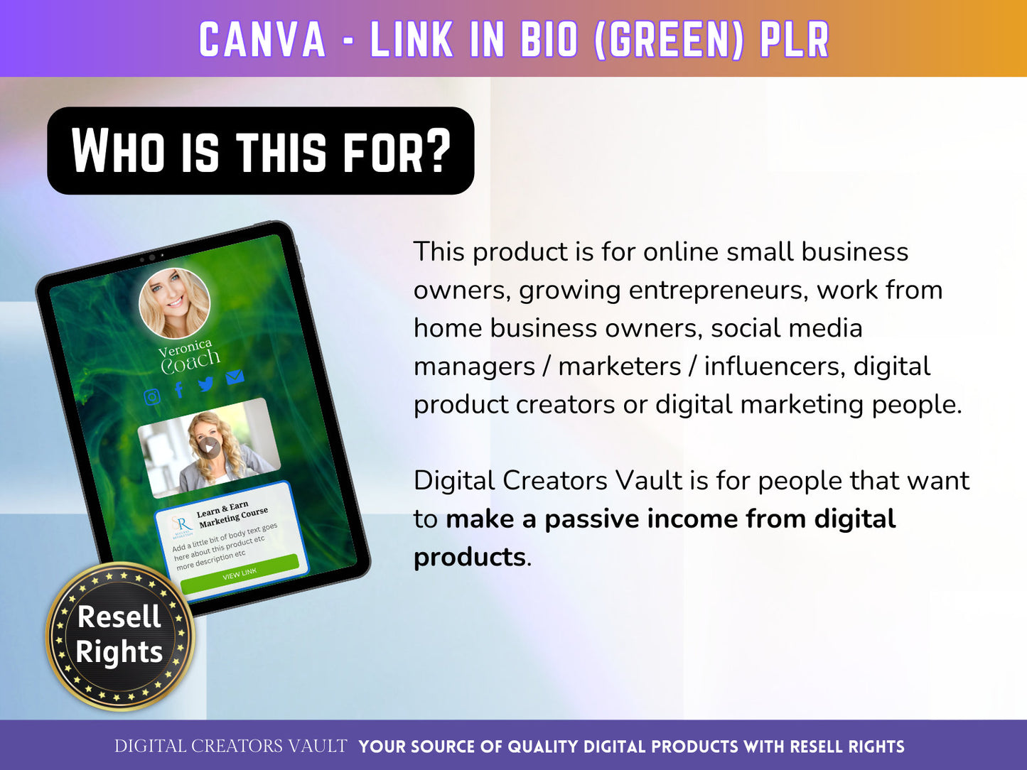 Canva Link in Bio landing page template (Green) with PLR Resell rights | Instagram bio  | Tiktok bio | Canva page template PLR - MRR Products Vault