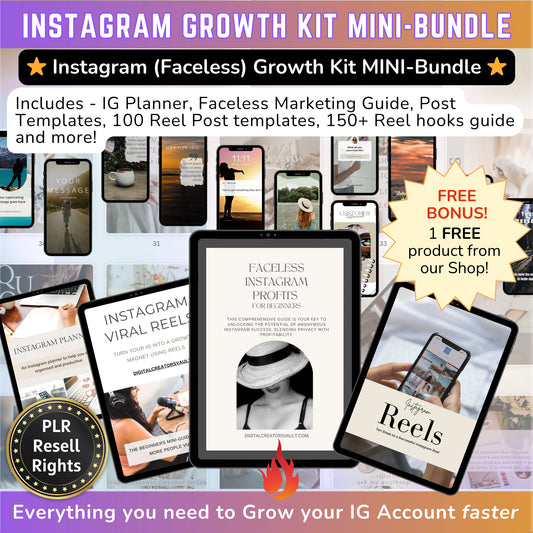 Instagram Growth Kit MINI-Bundle: Faceless Instagram mini-guide, Instagram Post Templates, Instagram Story Reels graphics, Instagram planner - MRR Products Vault