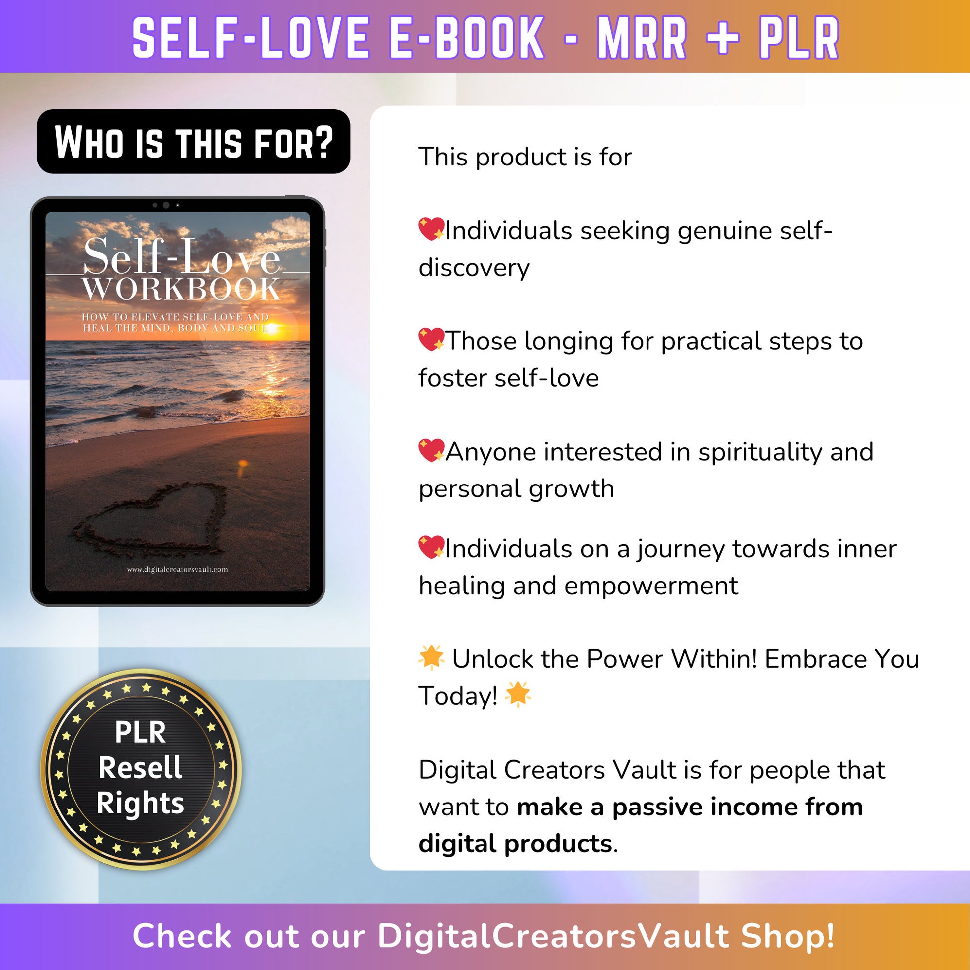 Self-Love E-Book: A Practical Workbook for Mastering Self Love | Techniques Spiritual Teachings - Develop Self Love with Practical Steps - MRR Products Vault