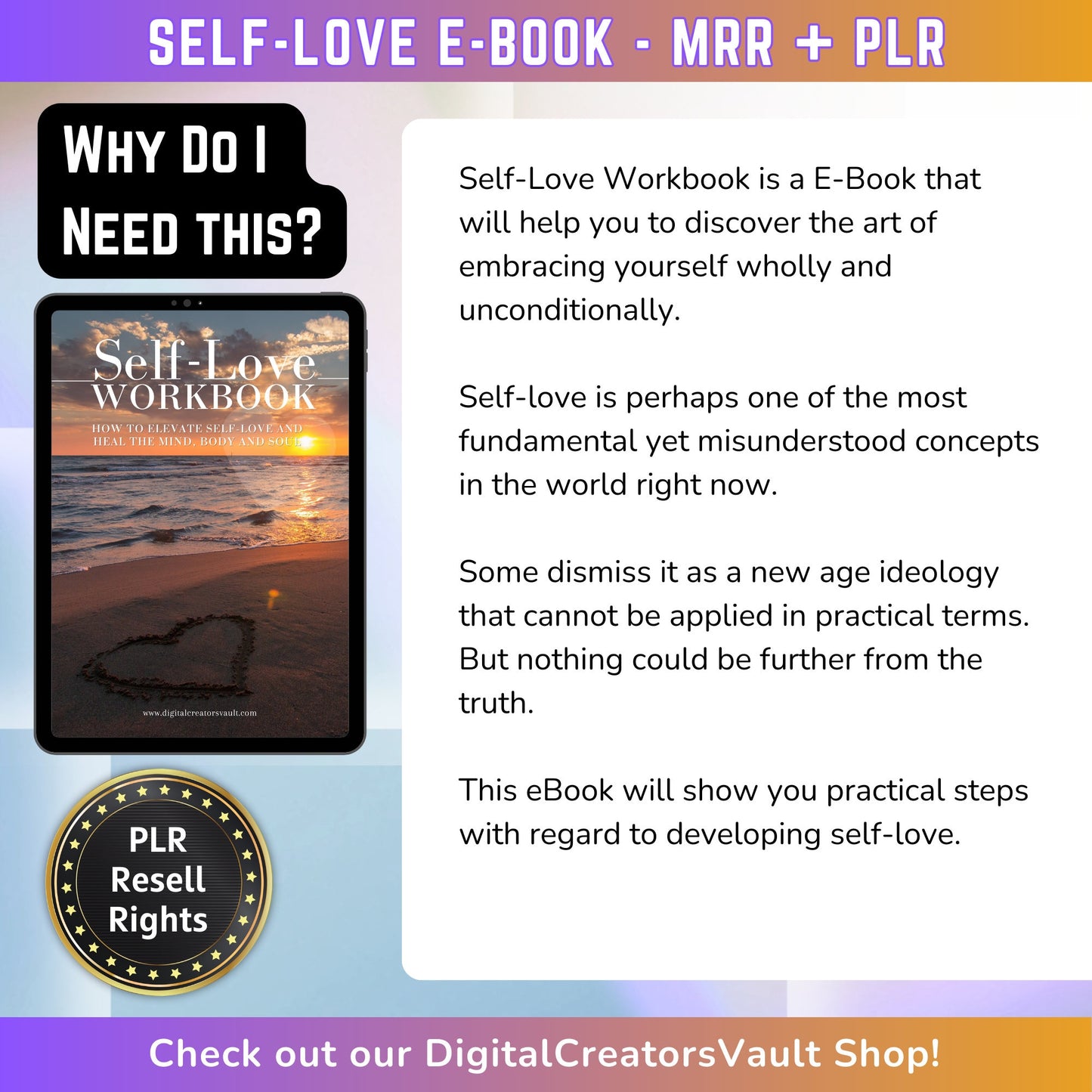 Self-Love E-Book: A Practical Workbook for Mastering Self Love | Techniques Spiritual Teachings - Develop Self Love with Practical Steps - MRR Products Vault