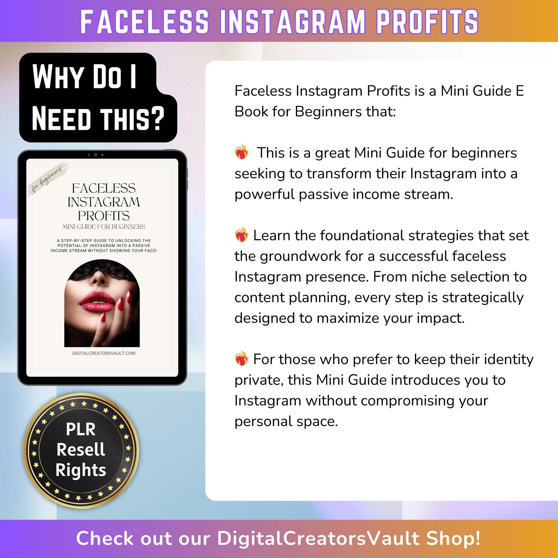 Faceless Instagram Profits Mini Guide | Online Passive Income | A Beginner's Guide to Faceless Instagram Success | PLR Resell Rights - MRR Products Vault