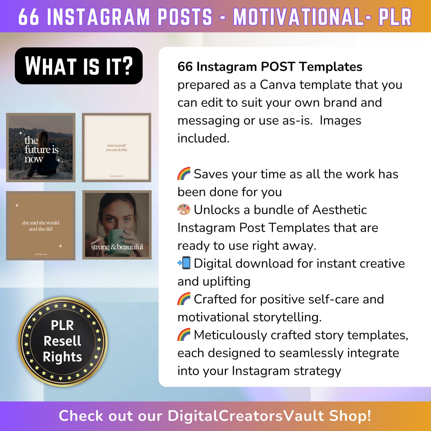 66 Motivational Instagram Post Templates | Aesthetic Posts | Post Canva templates | Content Creator Posts - MRR Products Vault