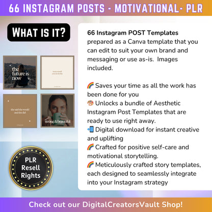 66 Motivational Instagram Post Templates | Aesthetic Posts | Post Canva templates | Content Creator Posts - MRR Products Vault