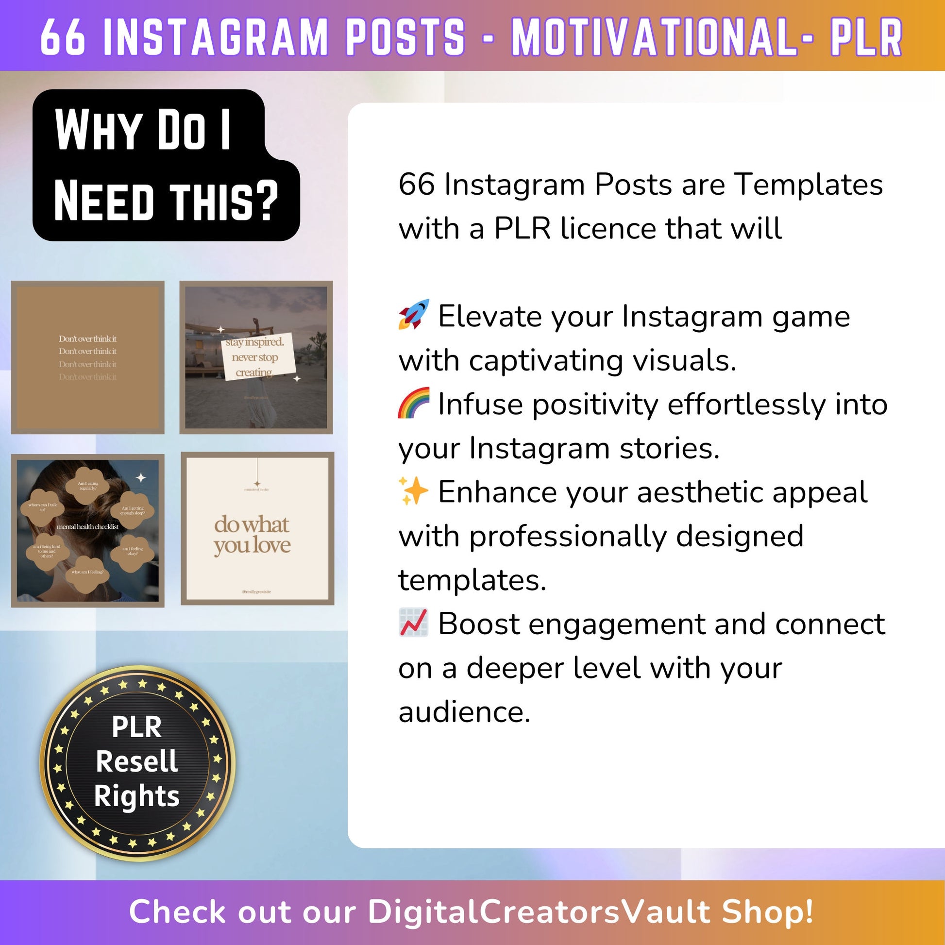 66 Motivational Instagram Post Templates | Aesthetic Posts | Post Canva templates | Content Creator Posts - MRR Products Vault