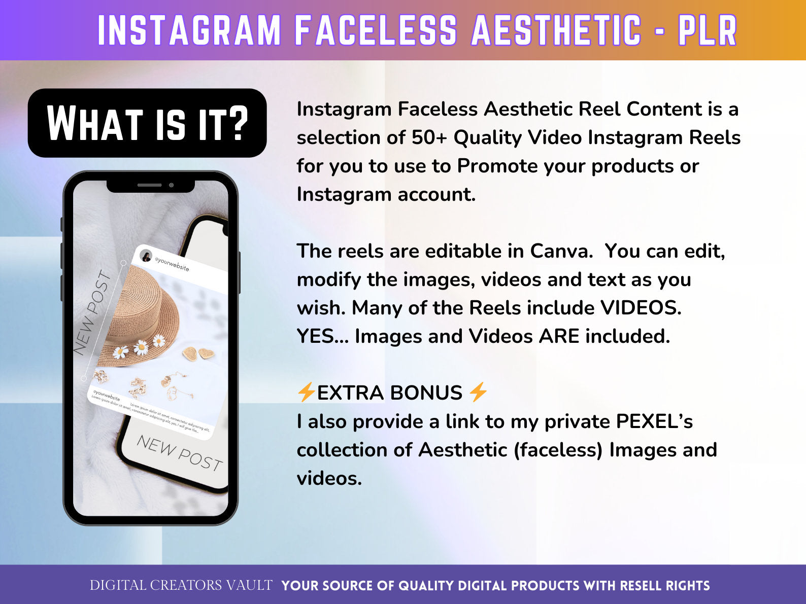 50+ Faceless Instagram Reel Templates | Aesthetic Reels | Reels Canva templates | Content Creator Reel | PLR - V1 - MRR Products Vault