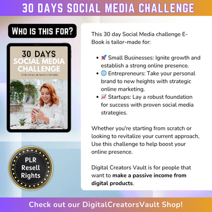 30 Days Social Media Challenge | Content Creation Plan | Social Media Instagram post Strategy | Instagram marketing guide | EBook - MRR Products Vault