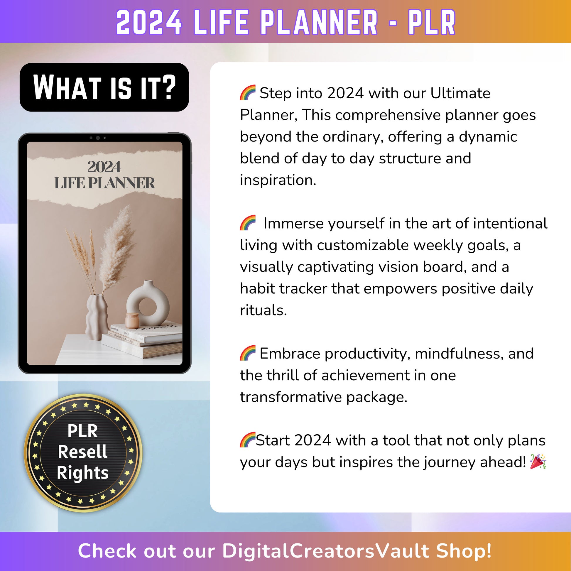 DCVault - 2024 Ultimate Life Planner: Customizable Weekly Goals, Vision Board, Habit Tracker - Gratitude Journal with Hyperlinks - Get organized! - MRR Products Vault