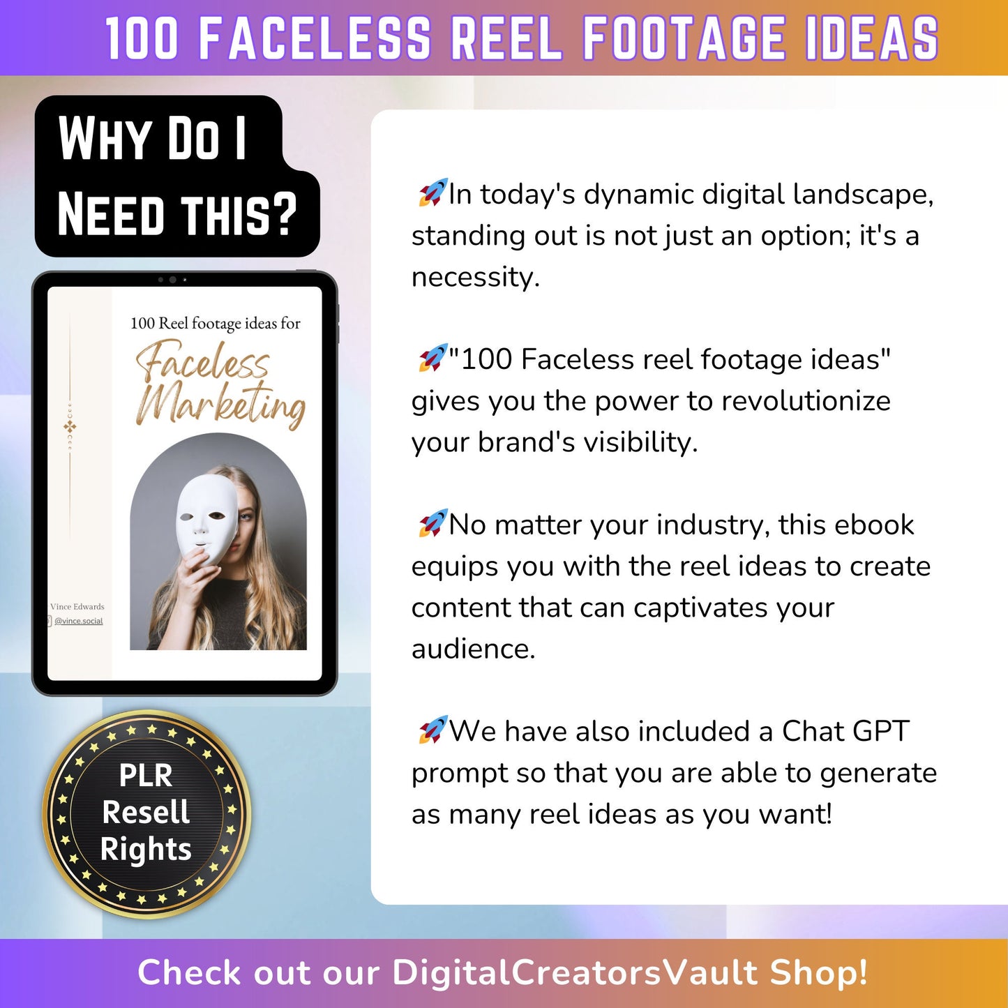 100 Faceless Instagram Reel Footage Ideas mini-EBook + Chat GPT Prompt PLR: Anonymous Marketing + Faceless Reel ideas - MRR Products Vault