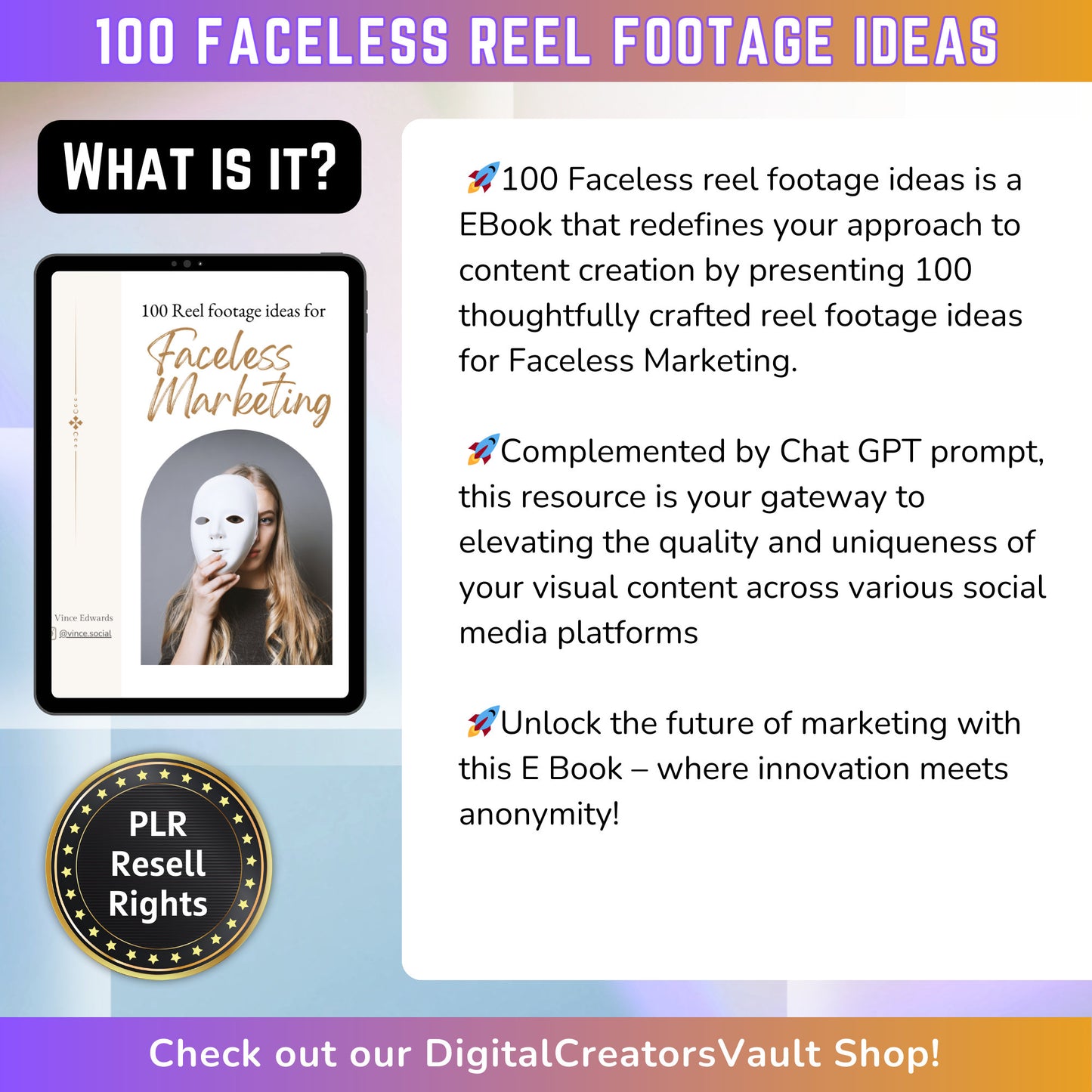 100 Faceless Instagram Reel Footage Ideas mini-EBook + Chat GPT Prompt PLR: Anonymous Marketing + Faceless Reel ideas - MRR Products Vault