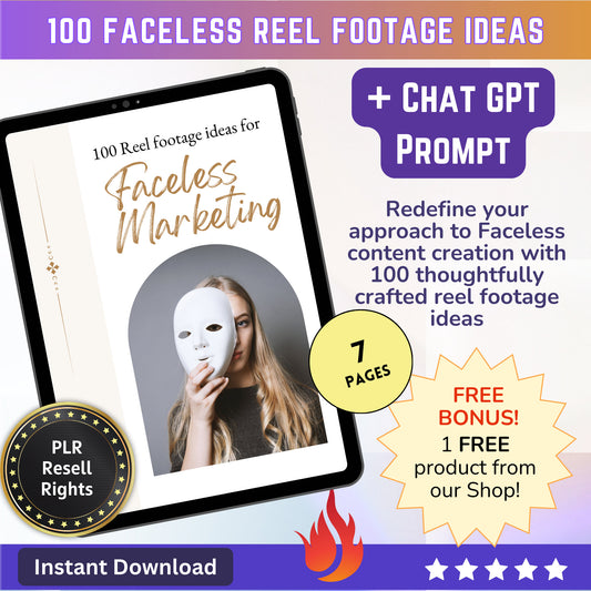 100 Faceless Instagram Reel Footage Ideas mini-EBook + Chat GPT Prompt PLR: Anonymous Marketing + Faceless Reel ideas - MRR Products Vault