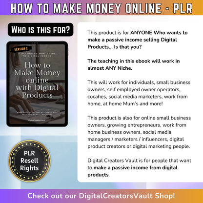 How to make money online with digital products Work from home with PLR resell rights ebook for passive income Digital download lead magnet - MRR Products Vault