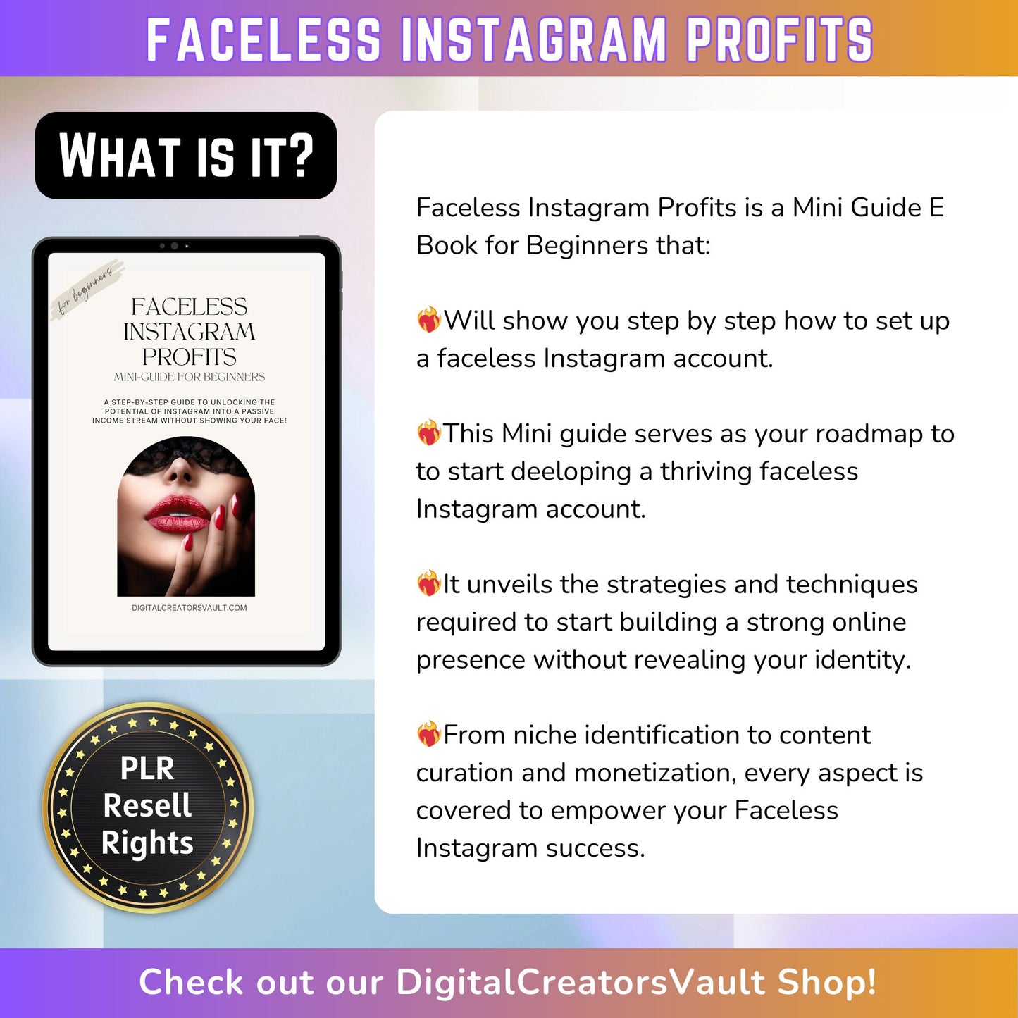 Faceless Instagram Profits Mini Guide | Online Passive Income | A Beginner's Guide to Faceless Instagram Success | PLR Resell Rights - MRR Products Vault