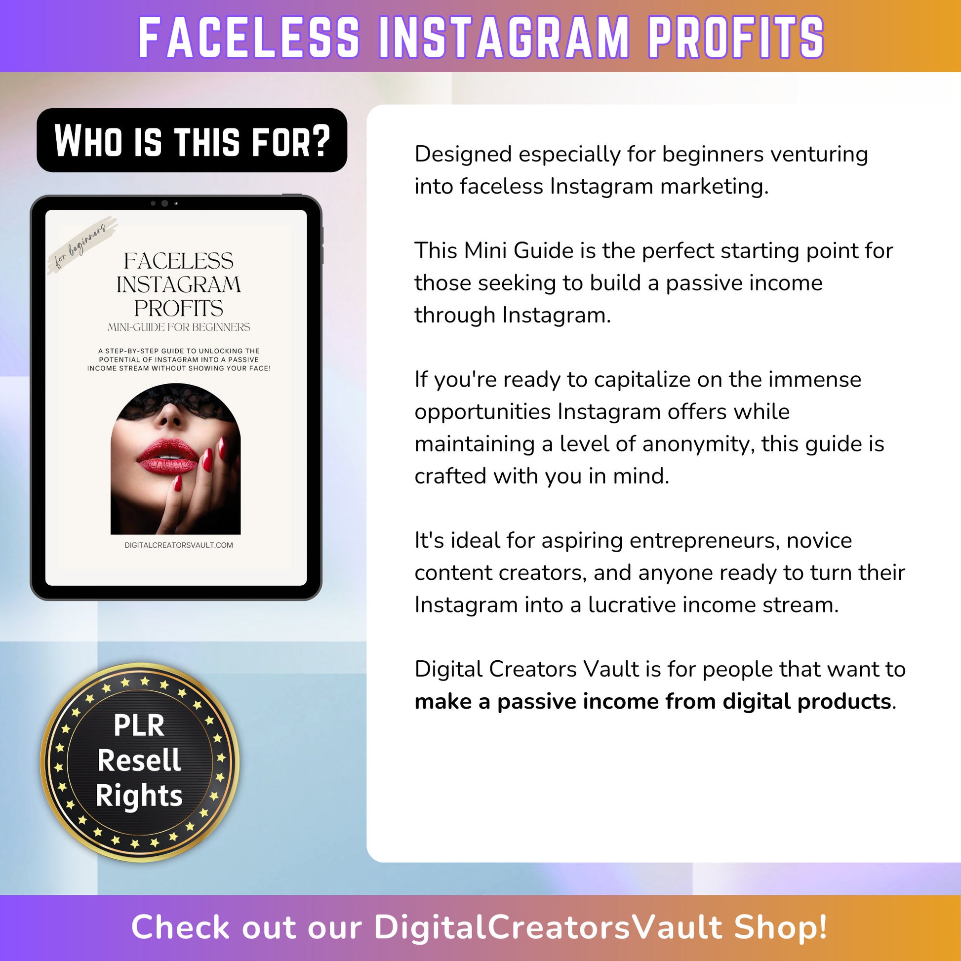 Faceless Instagram Profits Mini Guide | Online Passive Income | A Beginner's Guide to Faceless Instagram Success | PLR Resell Rights - MRR Products Vault