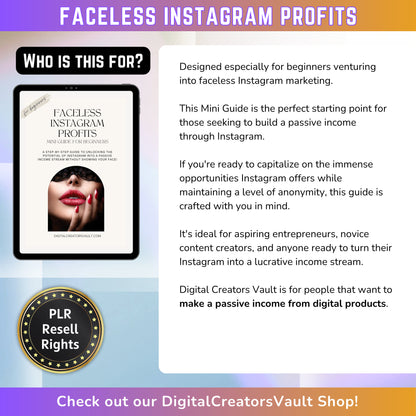 Faceless Instagram Profits Mini Guide | Online Passive Income | A Beginner's Guide to Faceless Instagram Success | PLR Resell Rights - MRR Products Vault