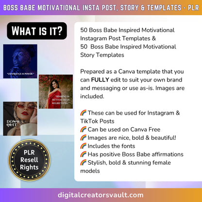 100 Boss Babe Motivational Instagram Reel Templates | Aesthetic Reels | Reels Canva templates | Content Creator Reel | Stories Posts - PLR - MRR Products Vault