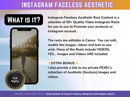 50+ Faceless Instagram Reel Templates | Aesthetic Reels | Reels Canva templates | Content Creator Reel - V2 - PLR - MRR Products Vault