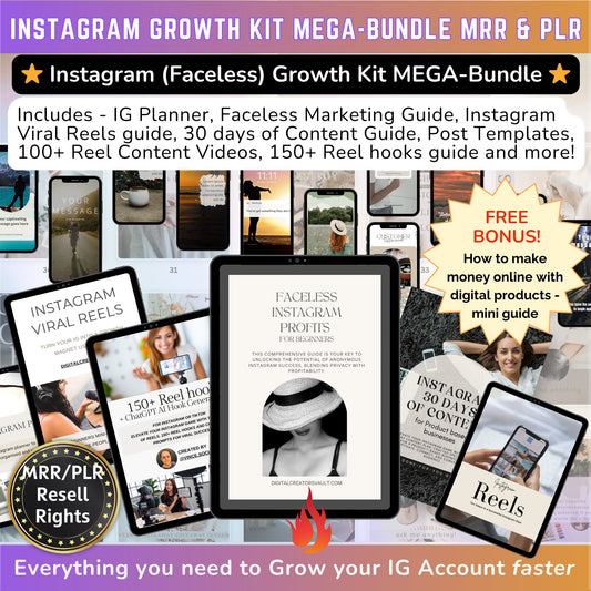 Instagram Faceless Growth Kit MEGA-Bundle: Faceless Instagram mini-guide, Instagram Templates, Instagram Reels graphics + Planner- MRR + PLR - MRR Products Vault