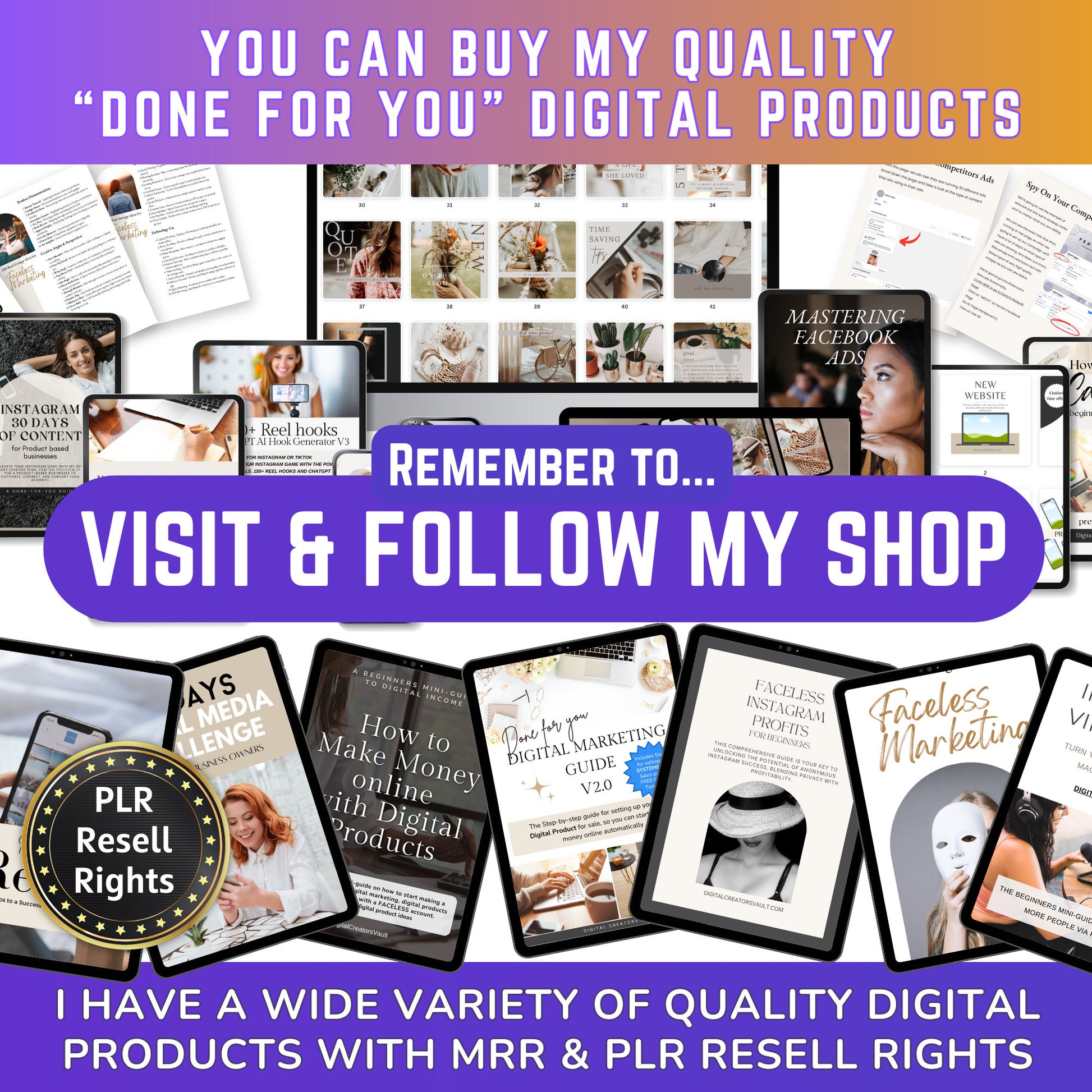 Instagram Faceless Growth Kit MEGA-Bundle: Faceless Instagram mini-guide, Instagram Templates, Instagram Reels graphics + Planner- MRR + PLR - MRR Products Vault