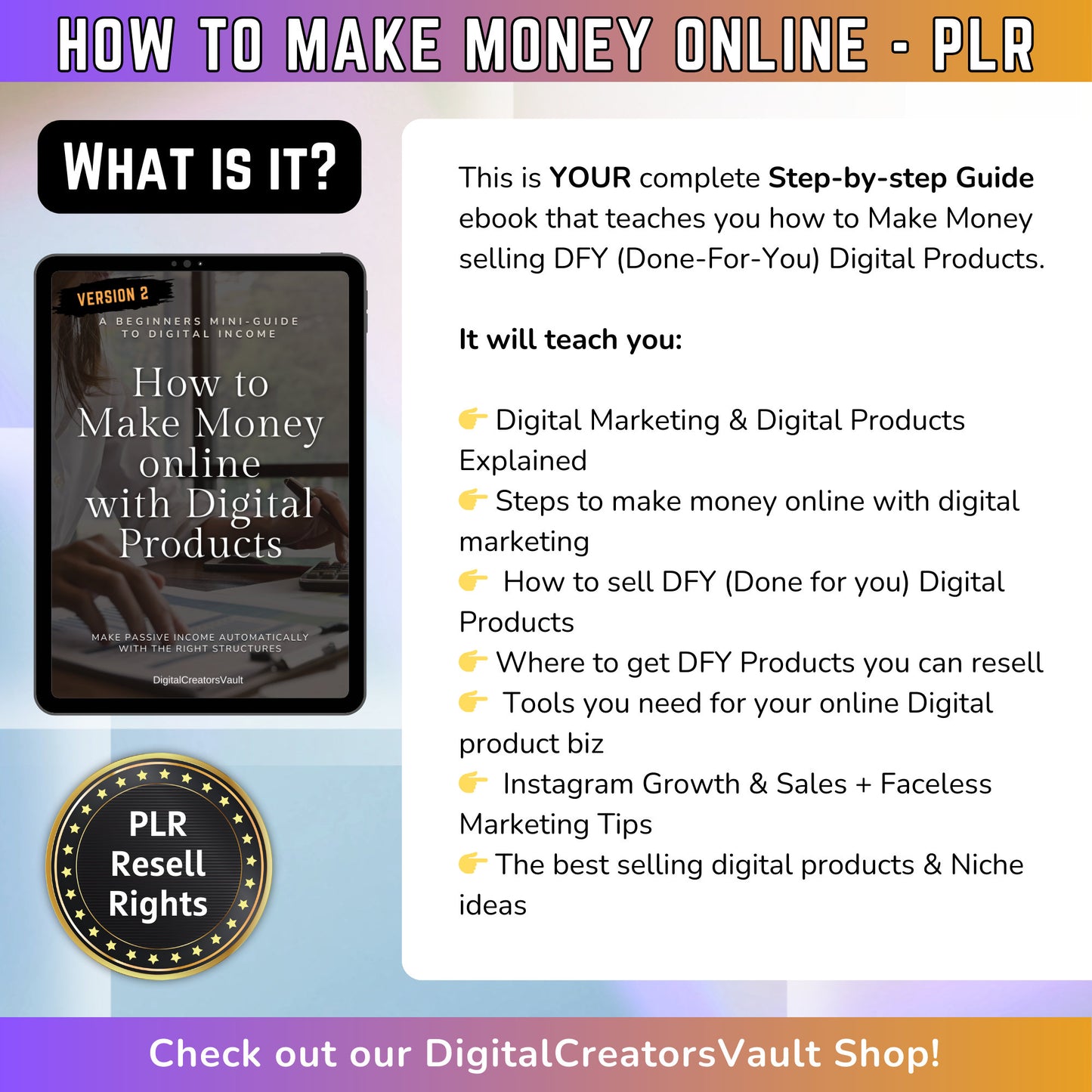 How to make money online with digital products Work from home with PLR resell rights ebook for passive income Digital download lead magnet - MRR Products Vault