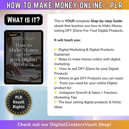 How to make money online with digital products Work from home with PLR resell rights ebook for passive income Digital download lead magnet - MRR Products Vault