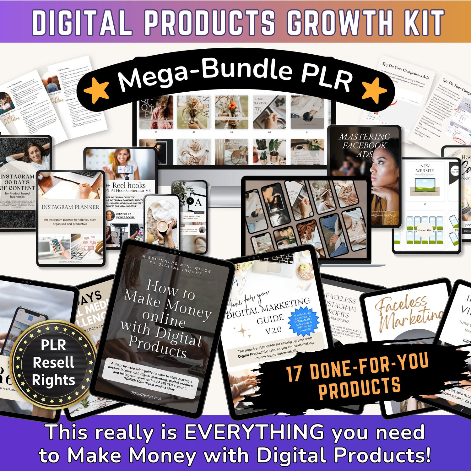 Digital Products Growth KIT mega-bundle - Digital marketing - Instagram - PLR Ebook guides - Work from home PLR resell rights passive income - MRR Products Vault