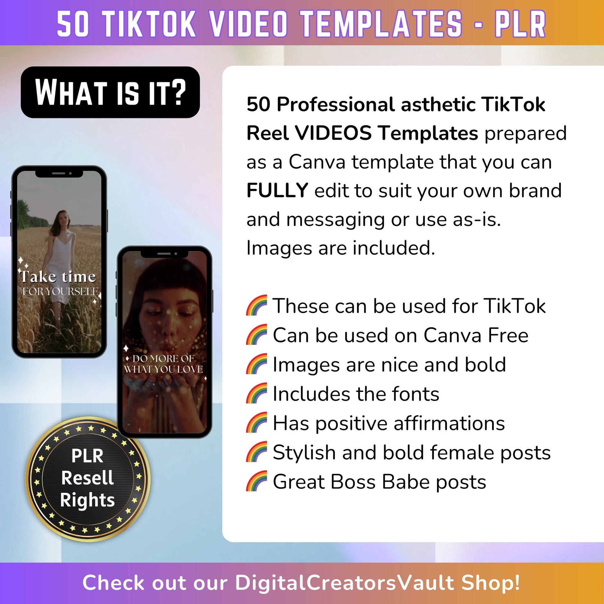 50 Boss Babe Aesthetic TikTok Video Templates | Aesthetic Video Reels | Canva templates | Content Creator Story Reels - PLR - MRR Products Vault