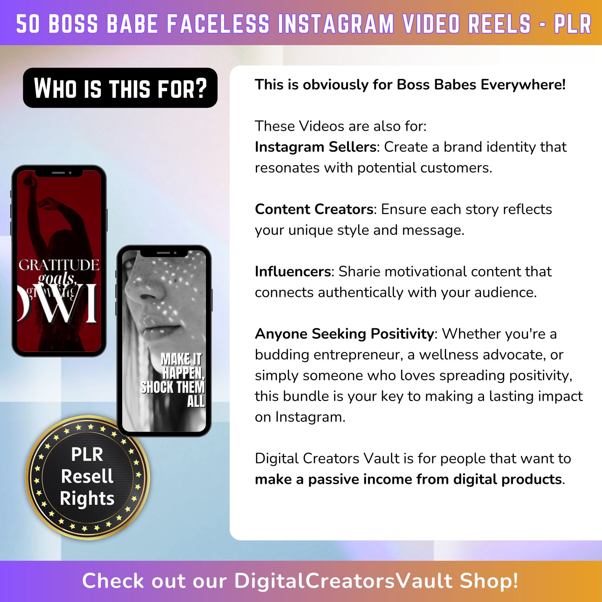 50 Boss Babe Women Faceless Video Reels | Faceless Videos | Canva templates | Content Creator Video Reels - PLR Resell rights - MRR Products Vault