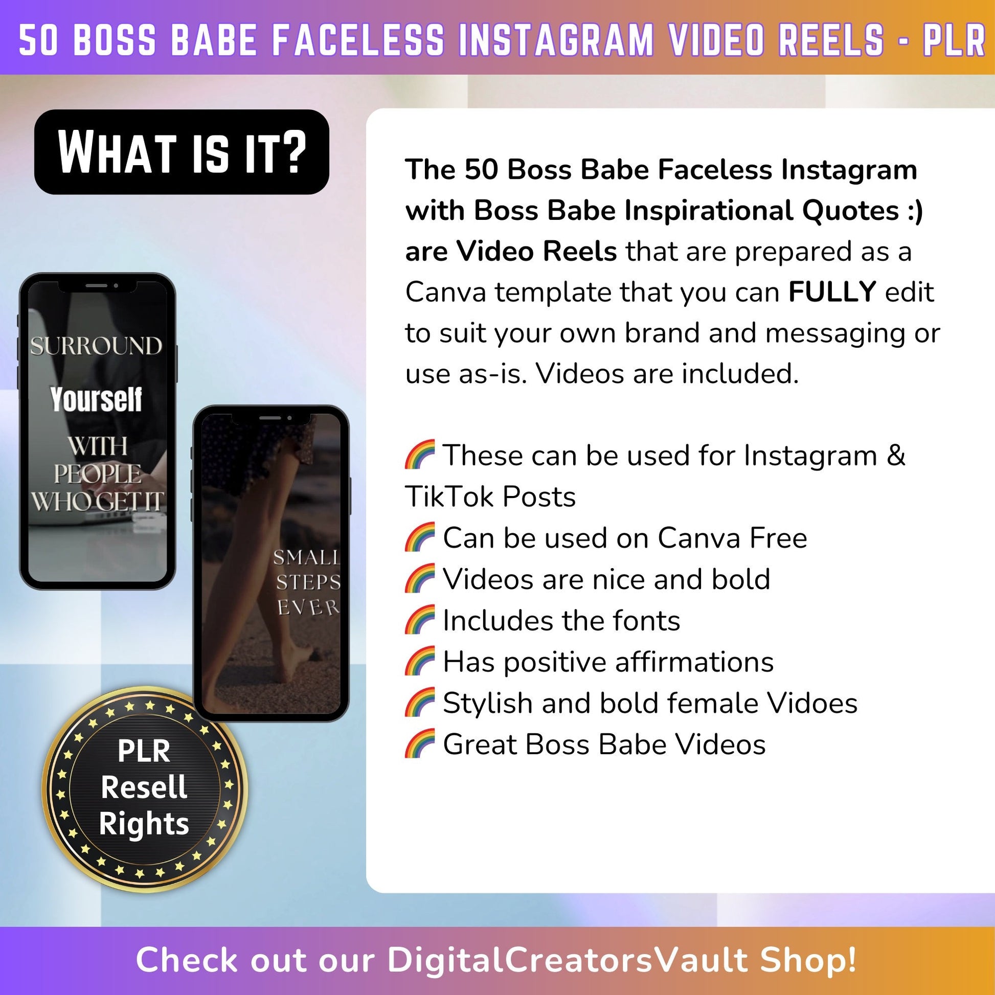 50 Boss Babe Women Faceless Video Reels | Faceless Videos | Canva templates | Content Creator Video Reels - PLR Resell rights - MRR Products Vault