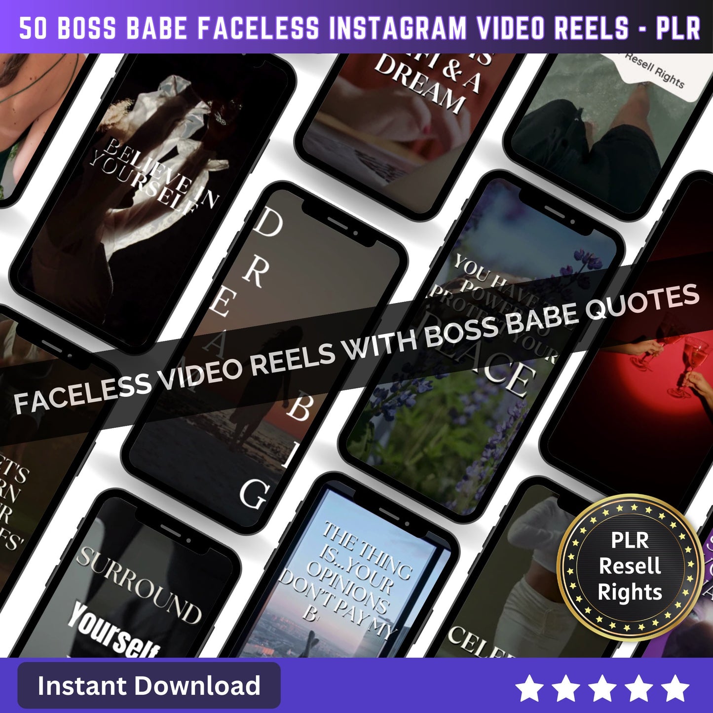 50 Boss Babe Women Faceless Video Reels | Faceless Videos | Canva templates | Content Creator Video Reels - PLR Resell rights - MRR Products Vault