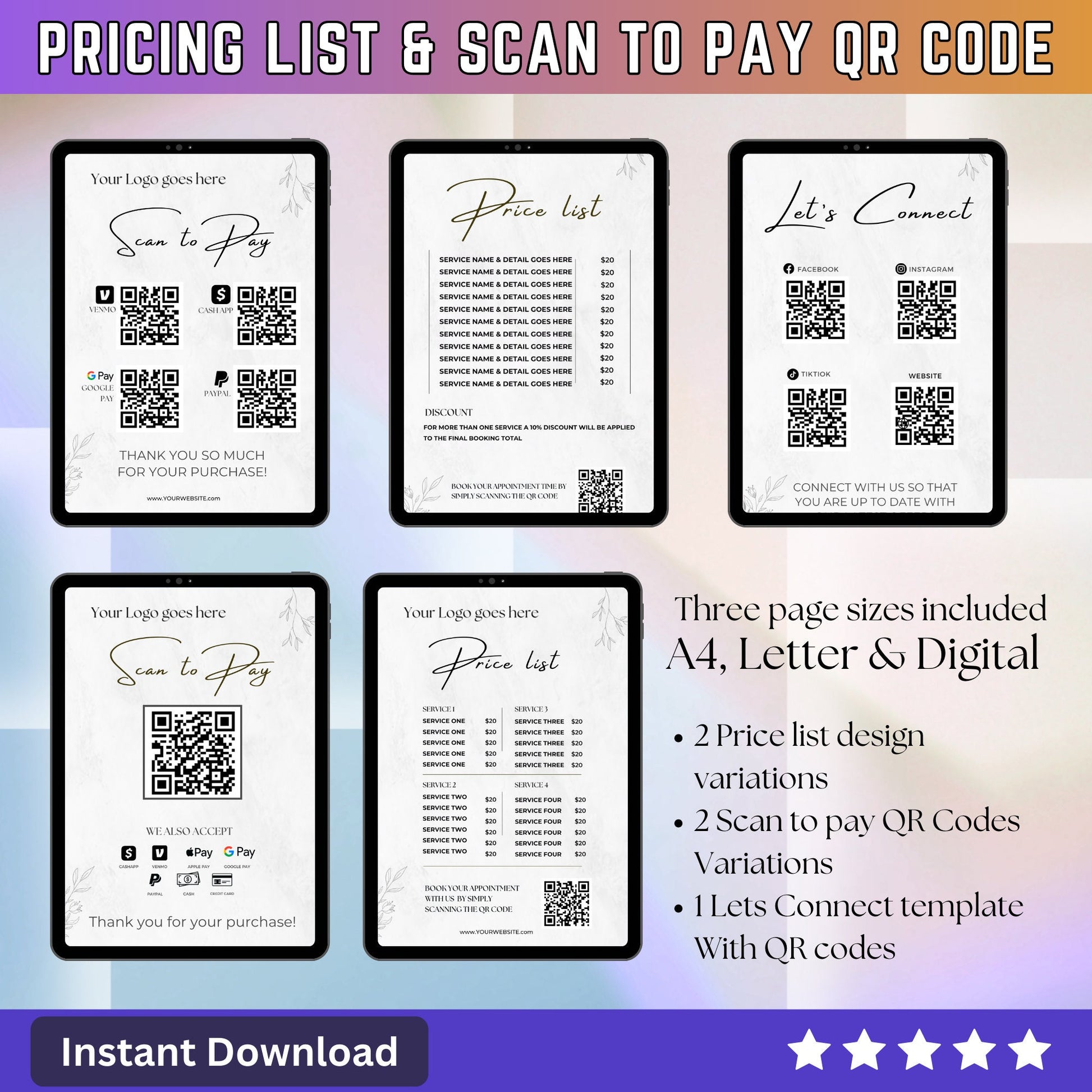 Price List Scan to Pay QR Code Lets Connect Canva Editable Template - Printable table sign pricing guide for small Business Owners SMB - PLR - MRR Products Vault