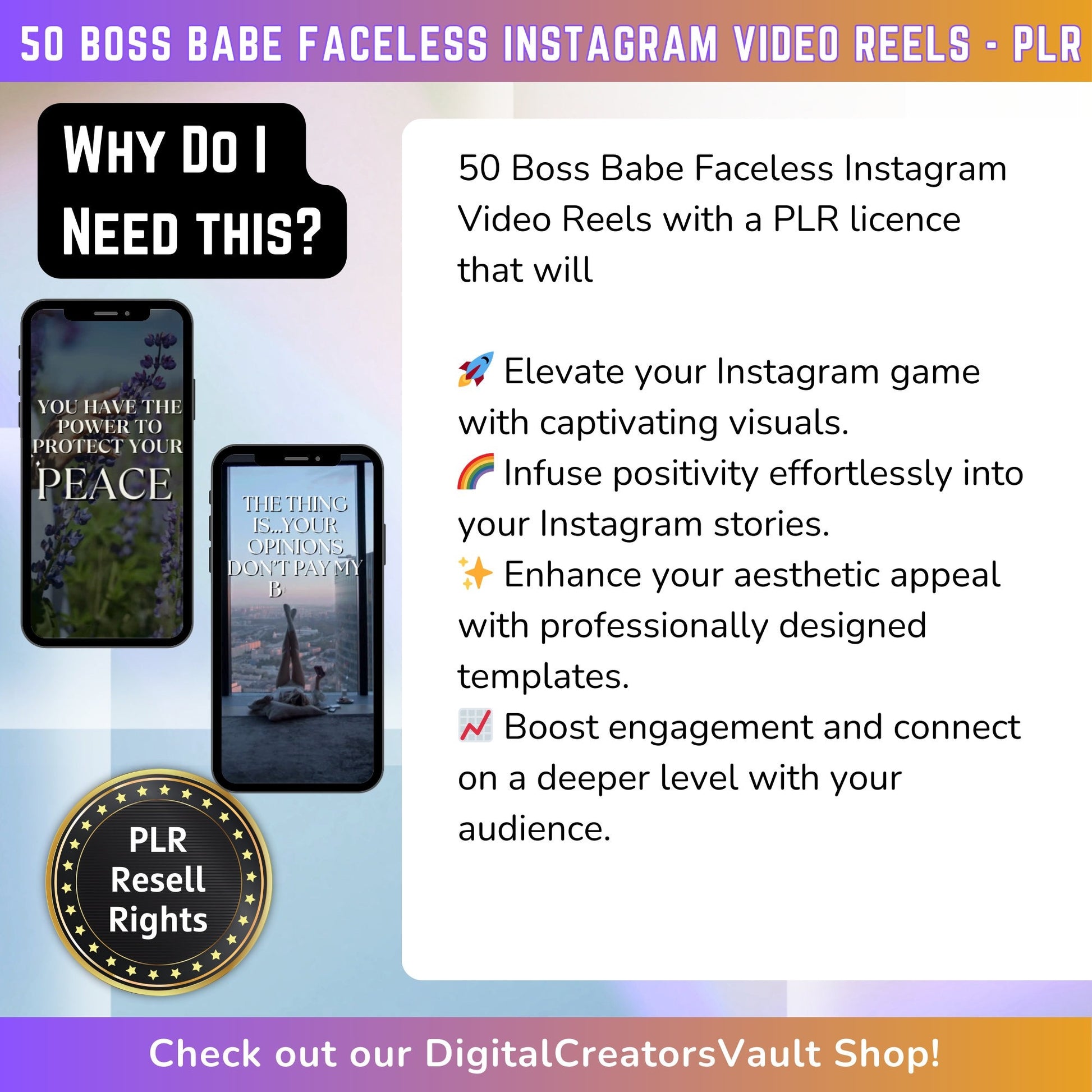 50 Boss Babe Women Faceless Video Reels | Faceless Videos | Canva templates | Content Creator Video Reels - PLR Resell rights - MRR Products Vault