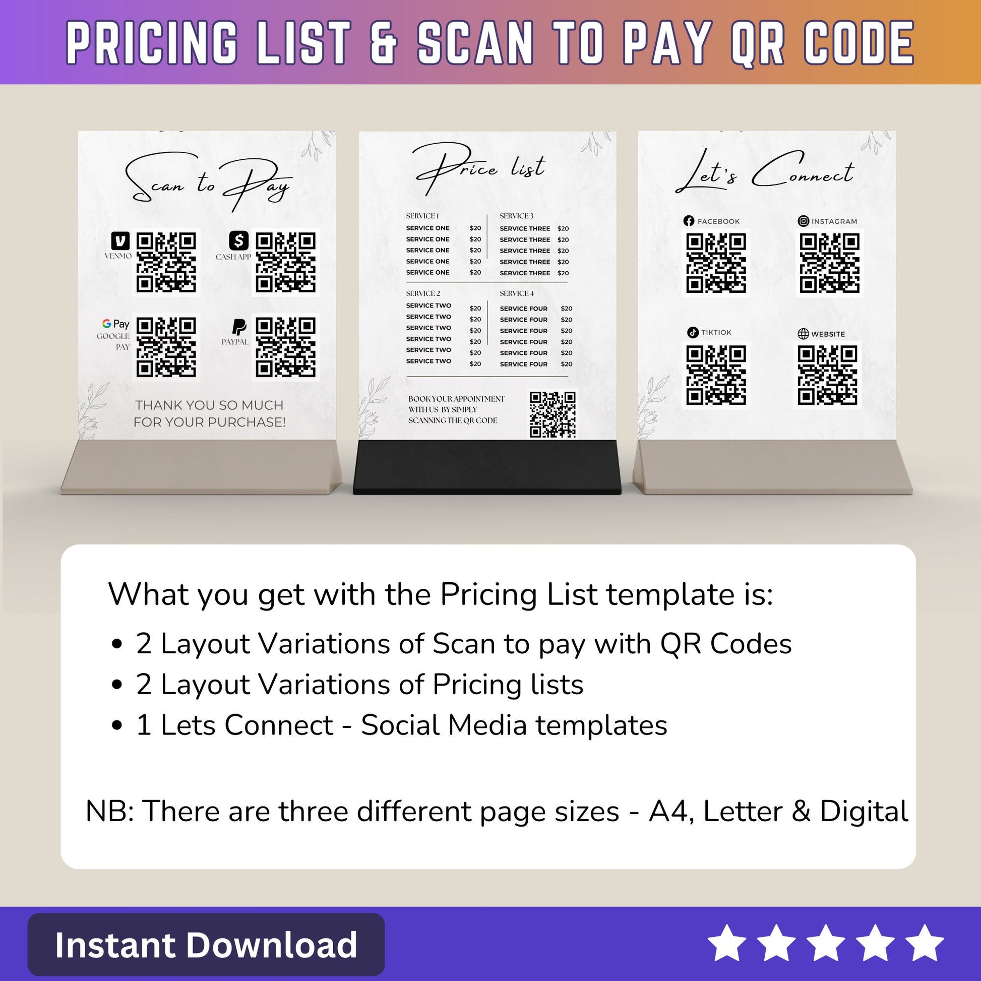 Price List Scan to Pay QR Code Lets Connect Canva Editable Template - Printable table sign pricing guide for small Business Owners SMB - PLR - MRR Products Vault