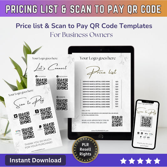 Price List Scan to Pay QR Code Lets Connect Canva Editable Template - Printable table sign pricing guide for small Business Owners SMB - PLR - MRR Products Vault