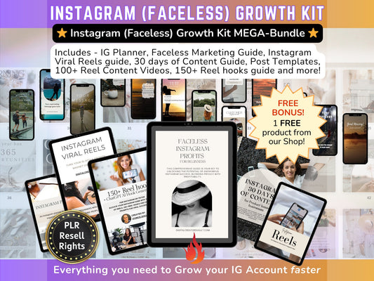 Faceless Instagram Growth Kit MEGA-Bundle: Instagram mini-guides, Instagram Post Templates, Instagram Story Reels graphics, Instagram planner - MRR Products Vault